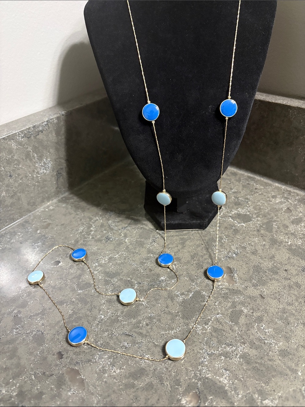 Gold Long Station Necklace with Bright Blue and Light Blue Discs